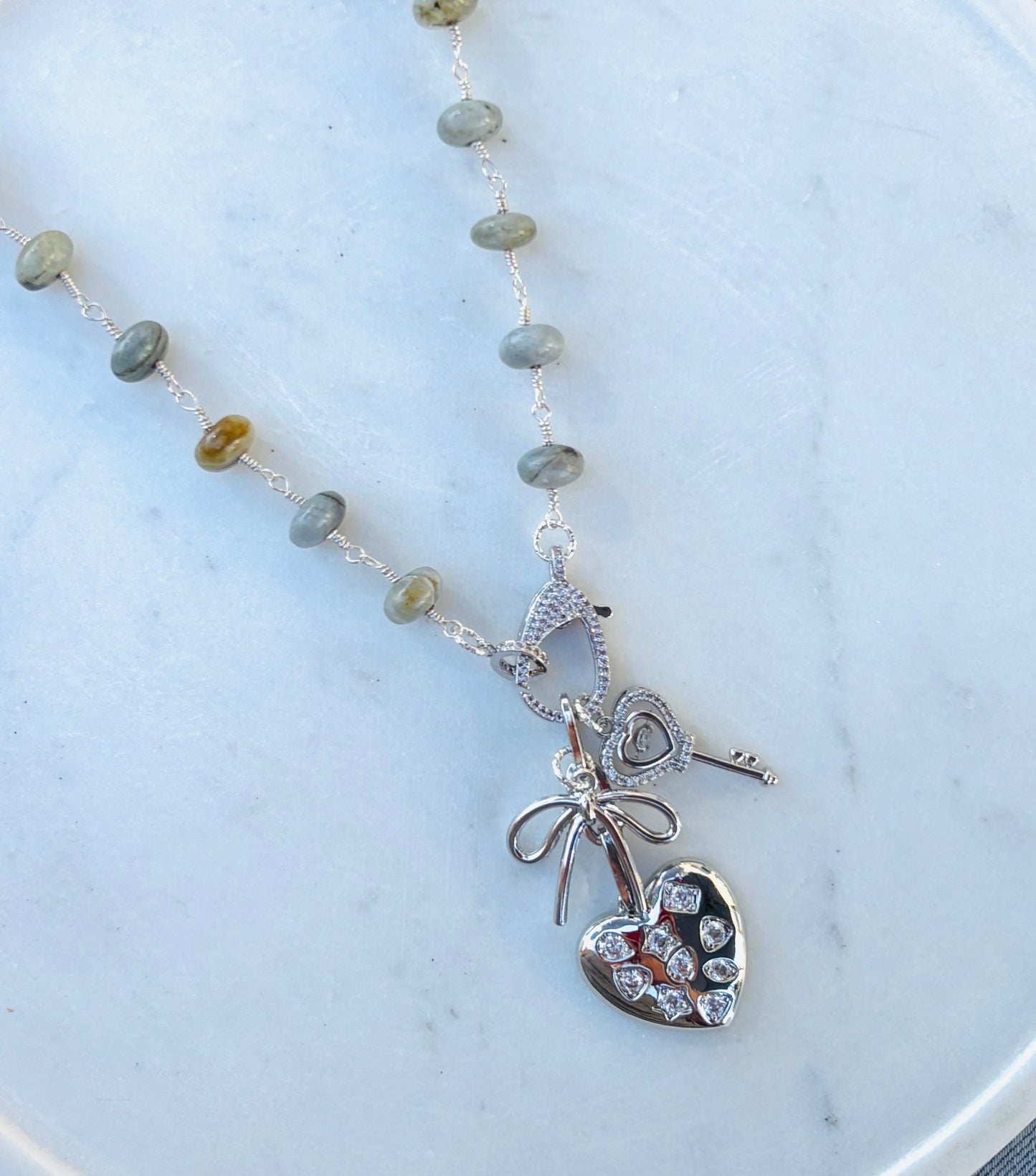 Labradorite Heart Lock & Key Charm Necklace – Silver Beaded Statement Necklace