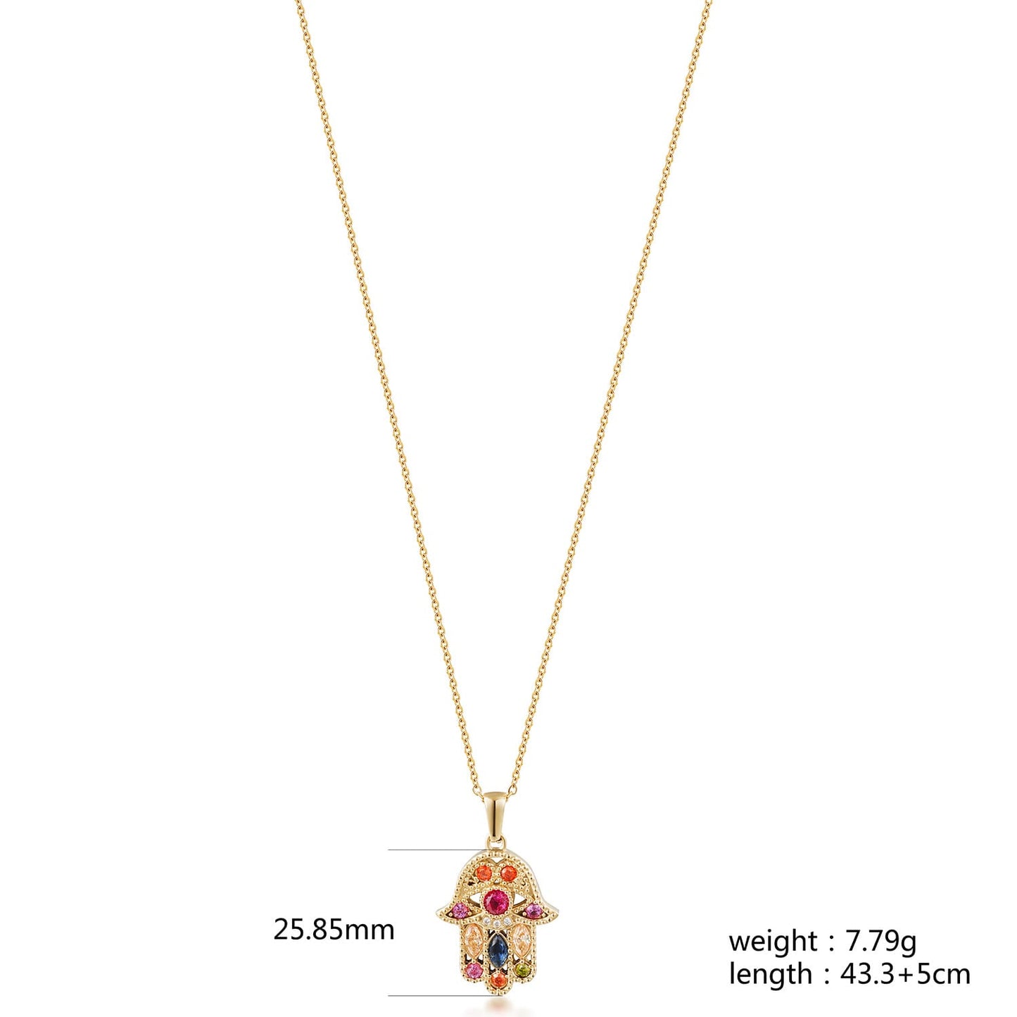 Gold Hamsa Pendant Necklace with Multicolor Stones