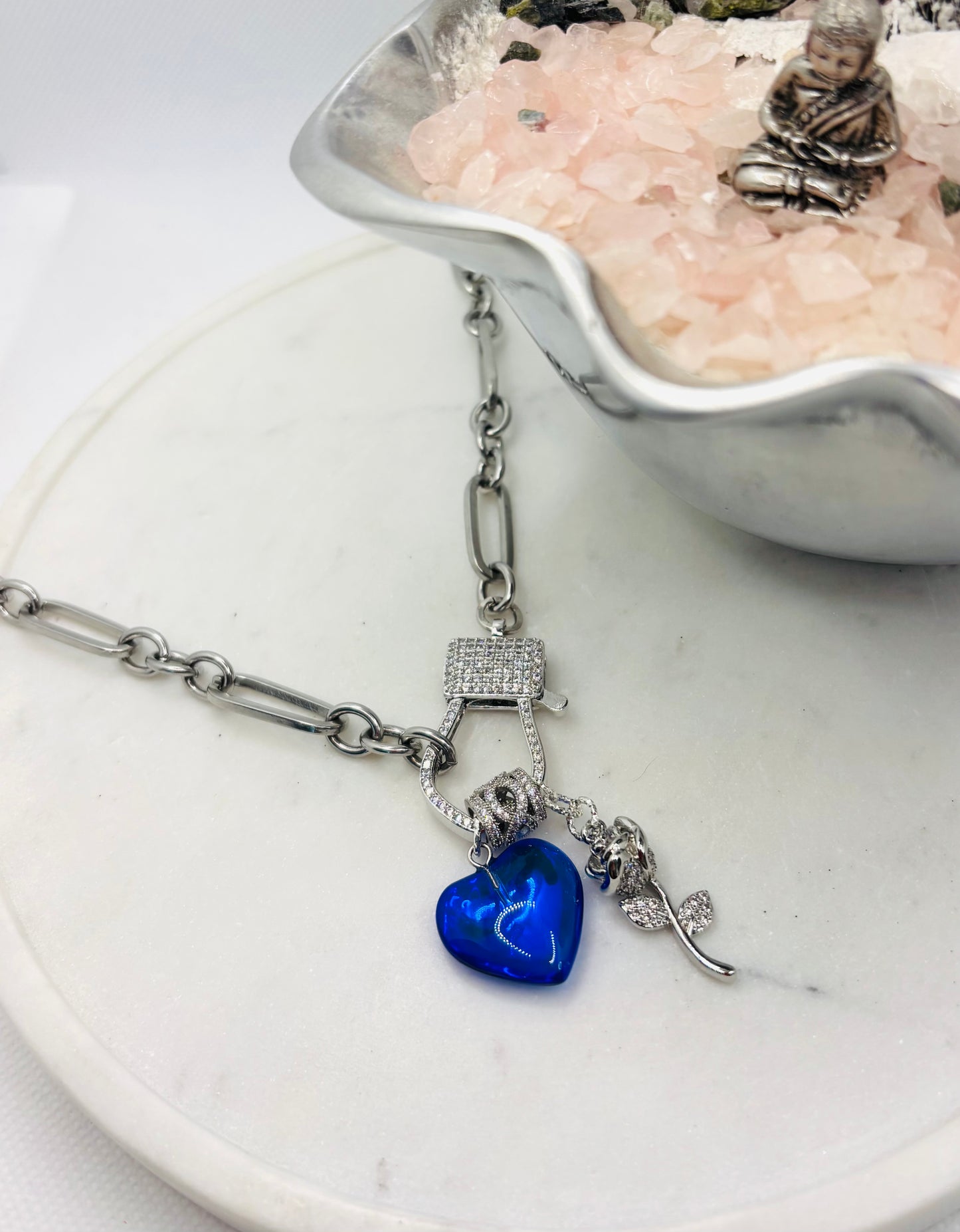 Silver Blue Heart & Rose Charm Necklace β Stainless Steel Chain with Crystal Accents