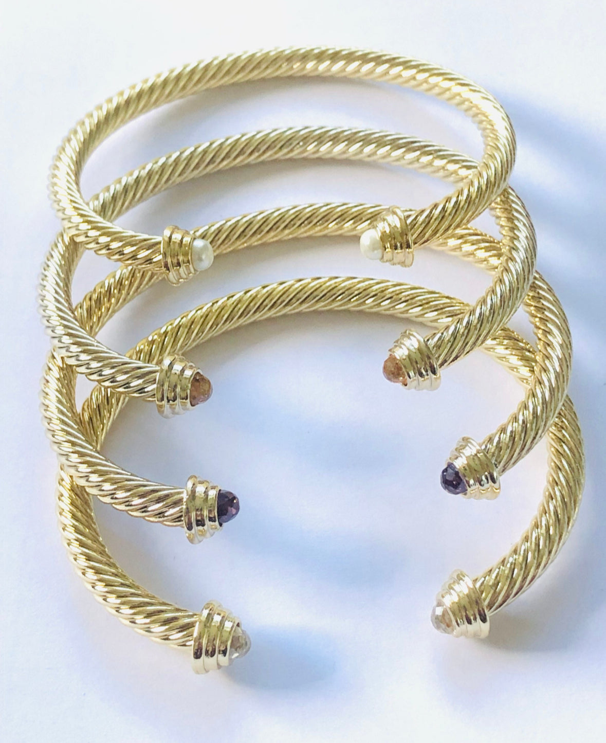 Twisted Gold Cuff with Gemstone Caps