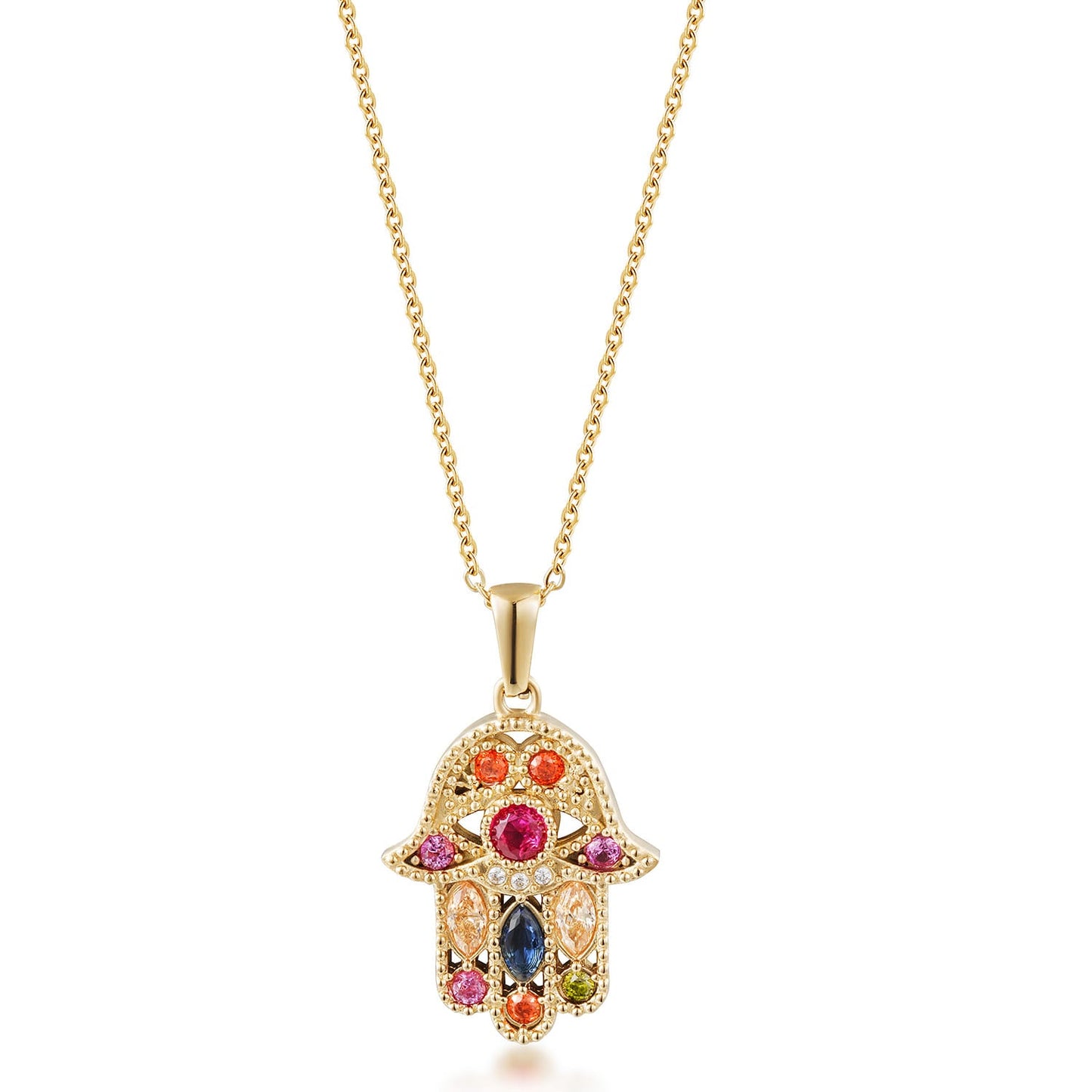 Gold Hamsa Pendant Necklace with Multicolor Stones
