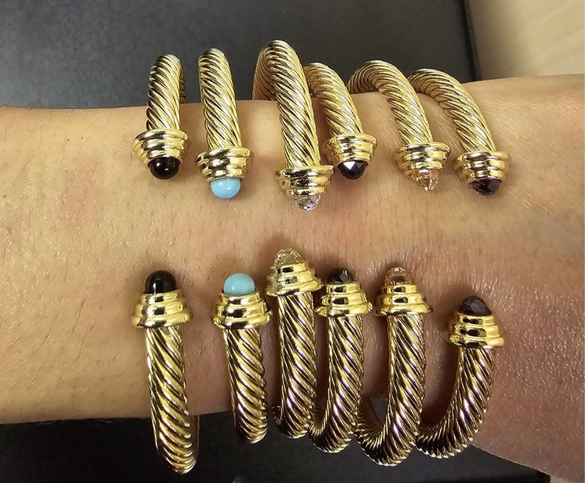 Twisted Gold Cuff with Gemstone Caps