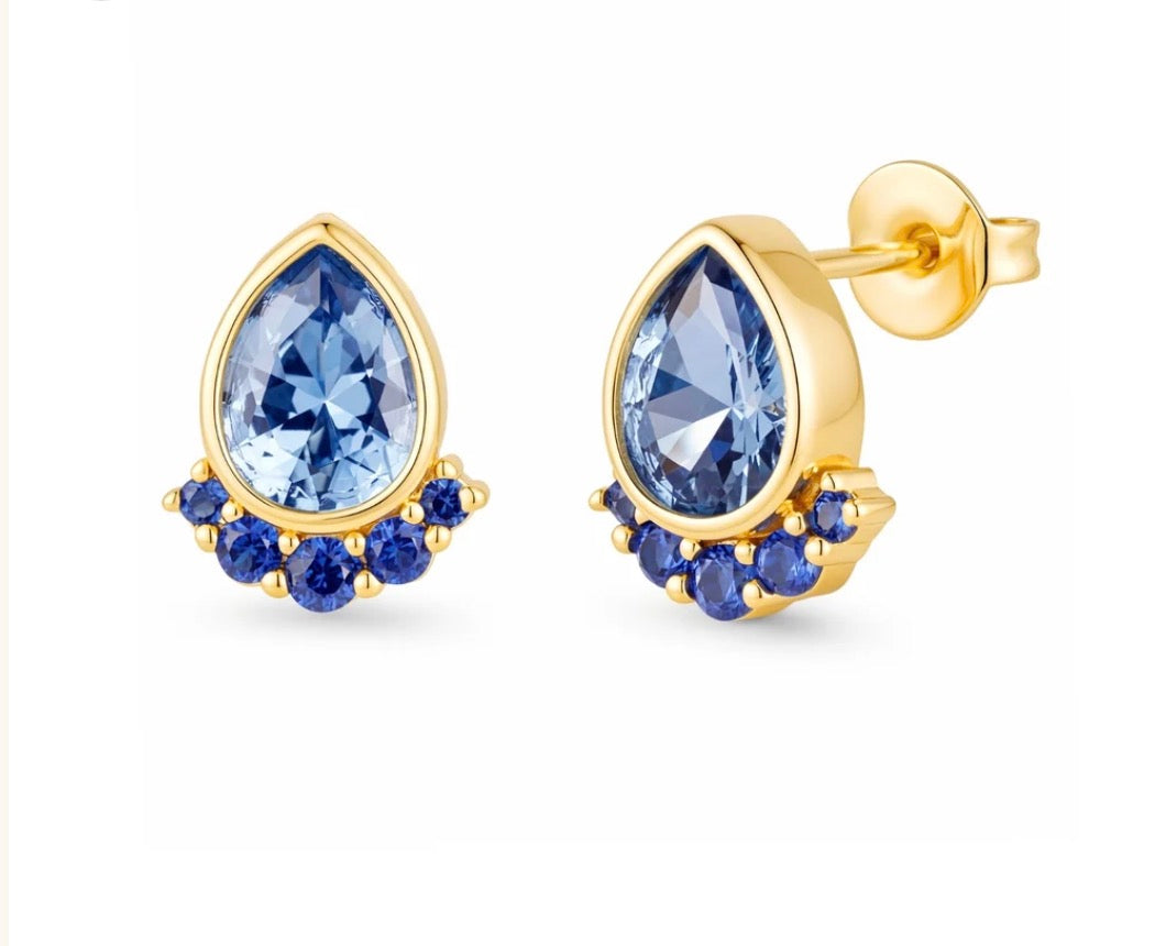 Blue Teardrop Halo Stud Earrings