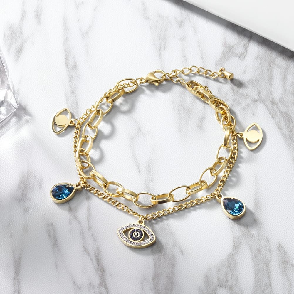 Golden Charm Bracelet with Evil Eye & Gem Accents
