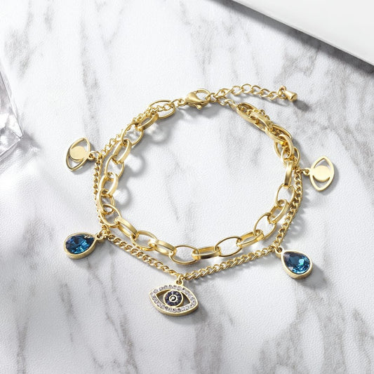 Golden Charm Bracelet with Evil Eye & Gem Accents