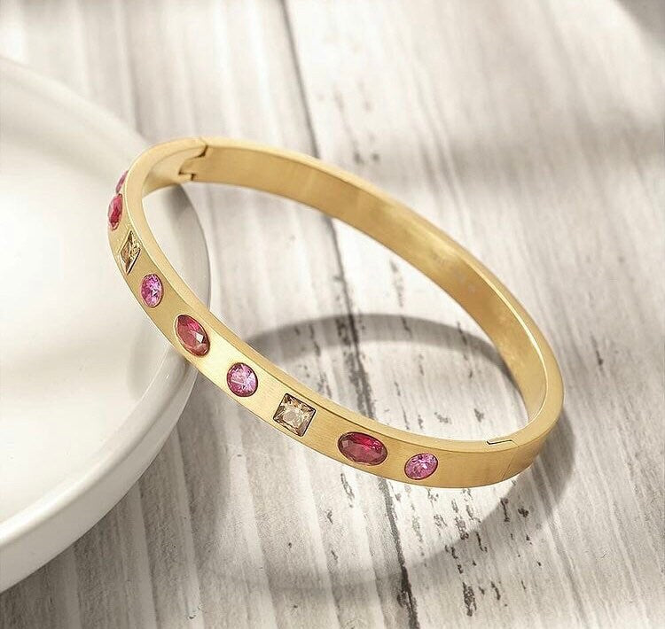 Turquoise & Fuchsia Crystal Gold Bangle