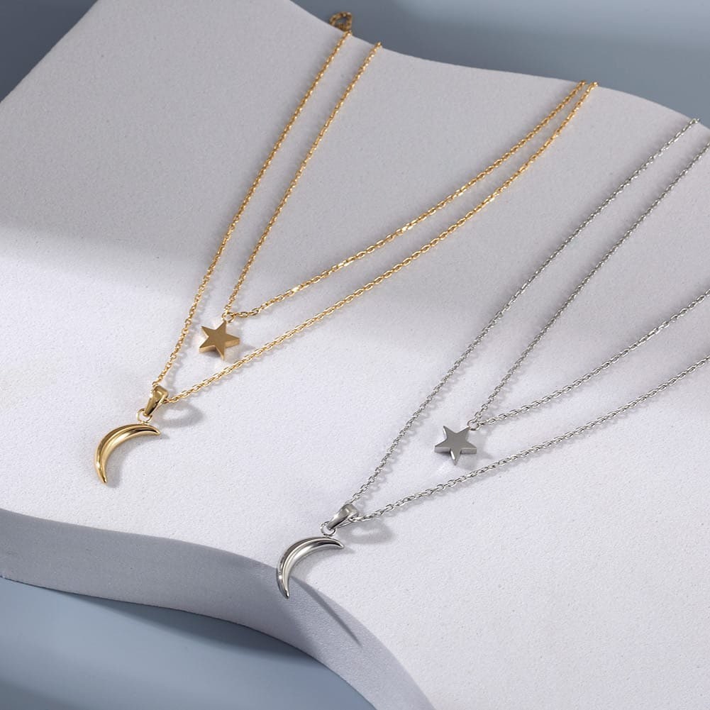 Celestial Duo Necklace – Moon & Star Layered Pendant