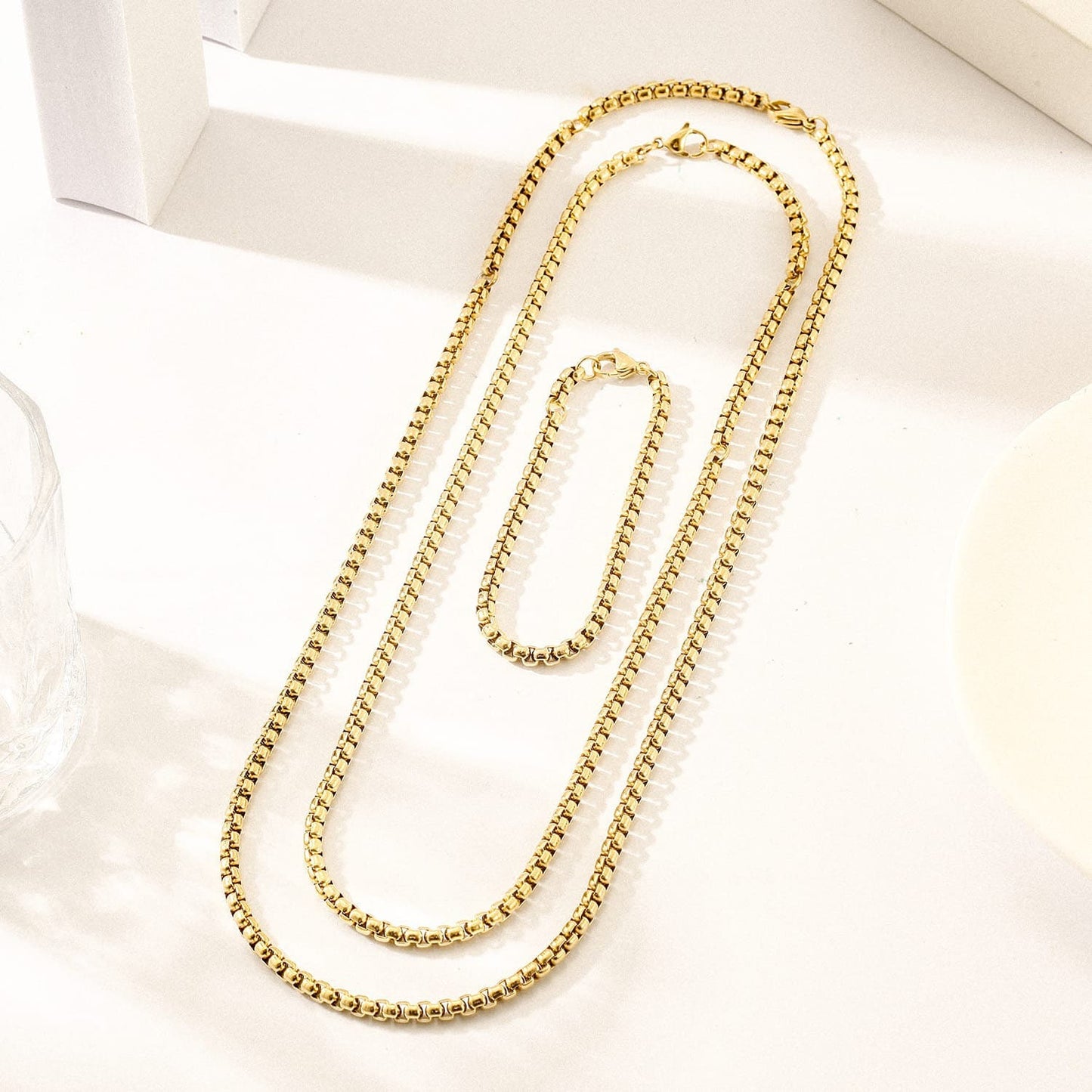Box Link Chain Necklace & Bracelet Set