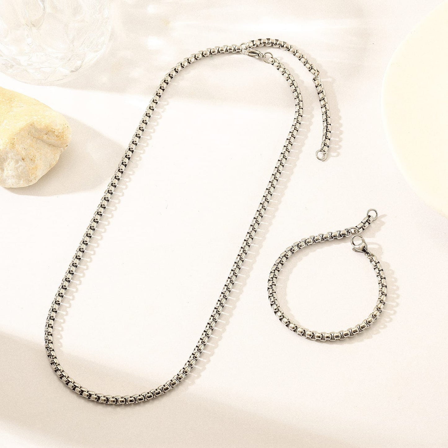 Box Link Chain Necklace & Bracelet Set