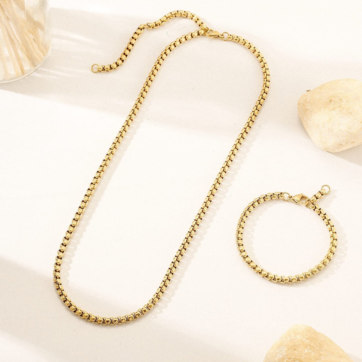 Box Link Chain Necklace & Bracelet Set
