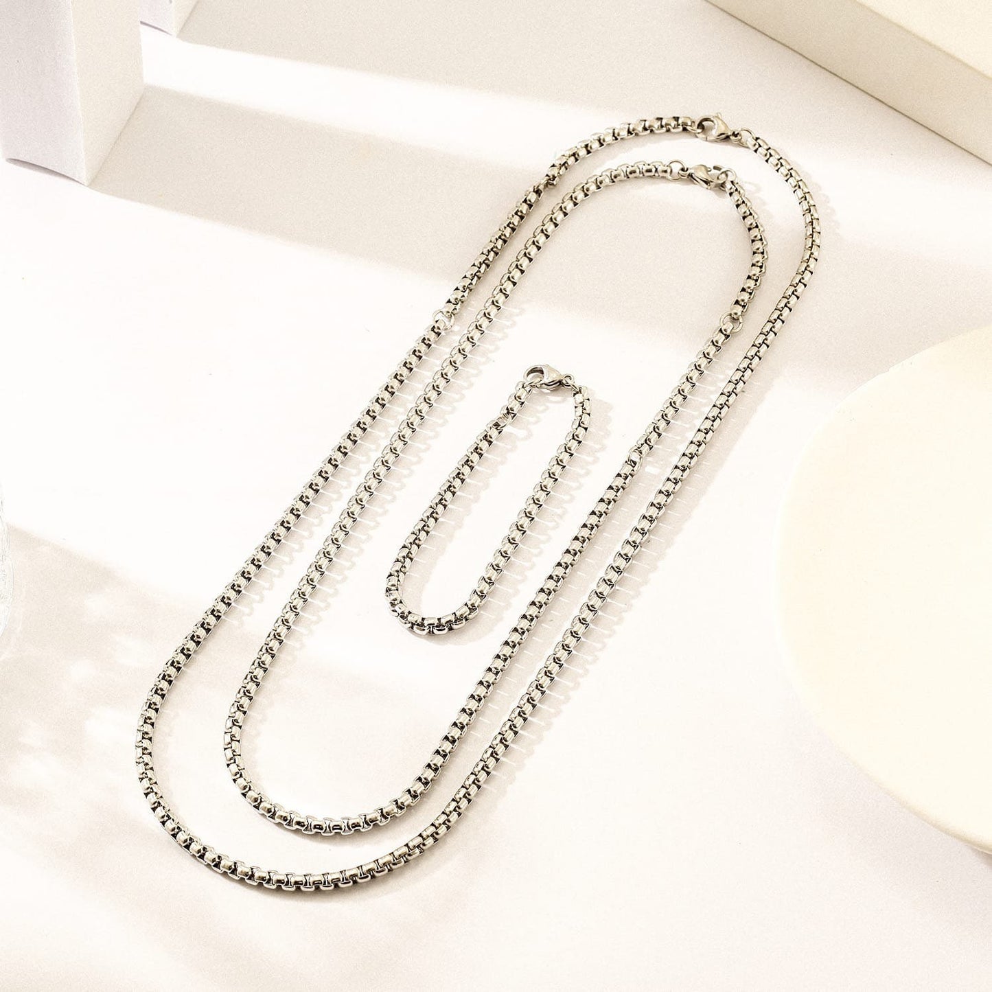 Box Link Chain Necklace & Bracelet Set