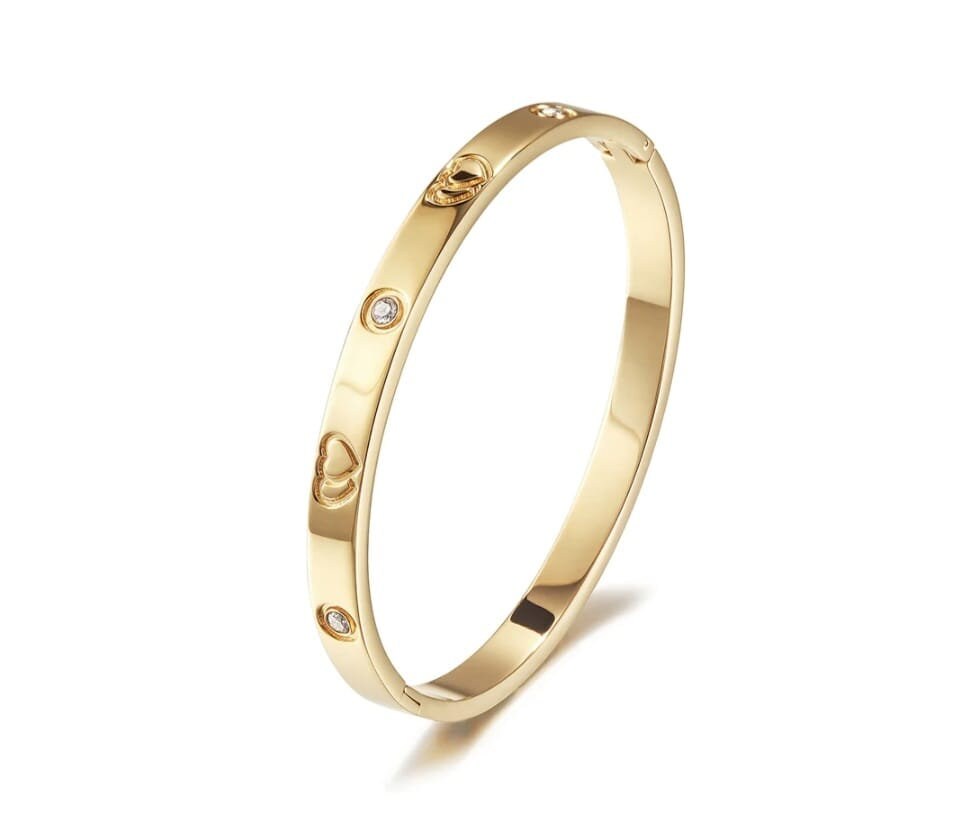 Gold-Tone Heart & Crystal Bangle