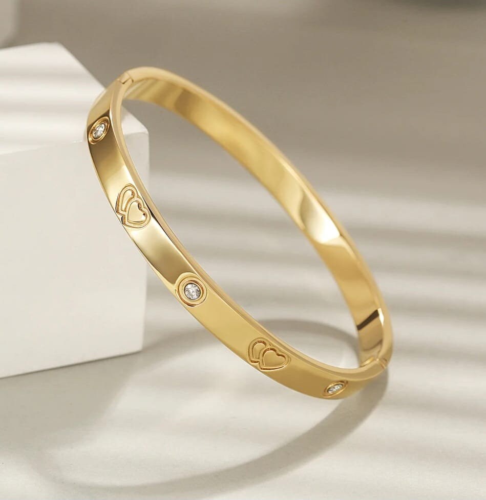 Gold-Tone Heart & Crystal Bangle