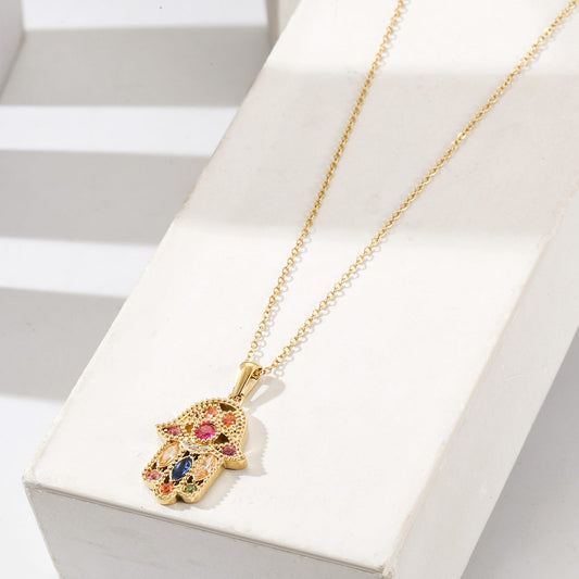 Gold Hamsa Pendant Necklace with Multicolor Stones