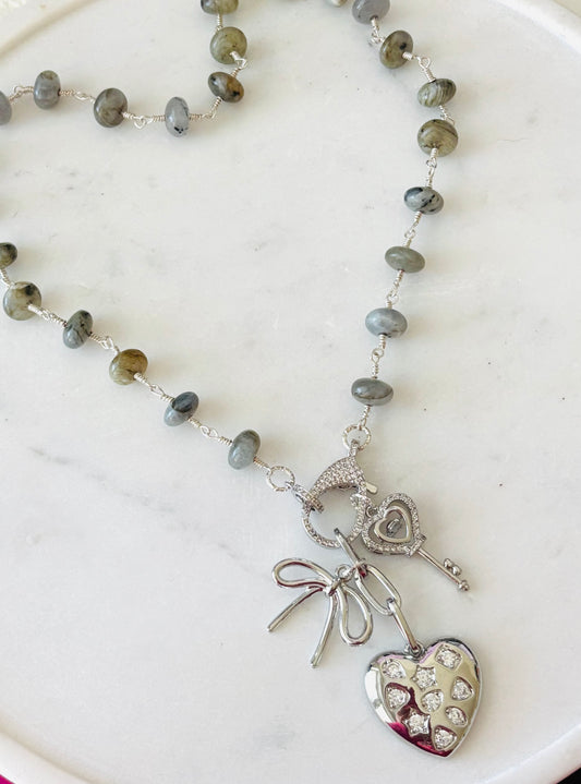 Labradorite Heart Lock & Key Charm Necklace – Silver Beaded Statement Necklace