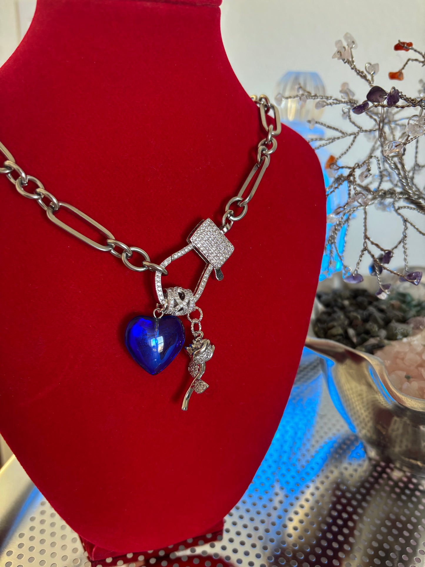 Silver Blue Heart & Rose Charm Necklace – Stainless Steel Chain with Crystal Accents