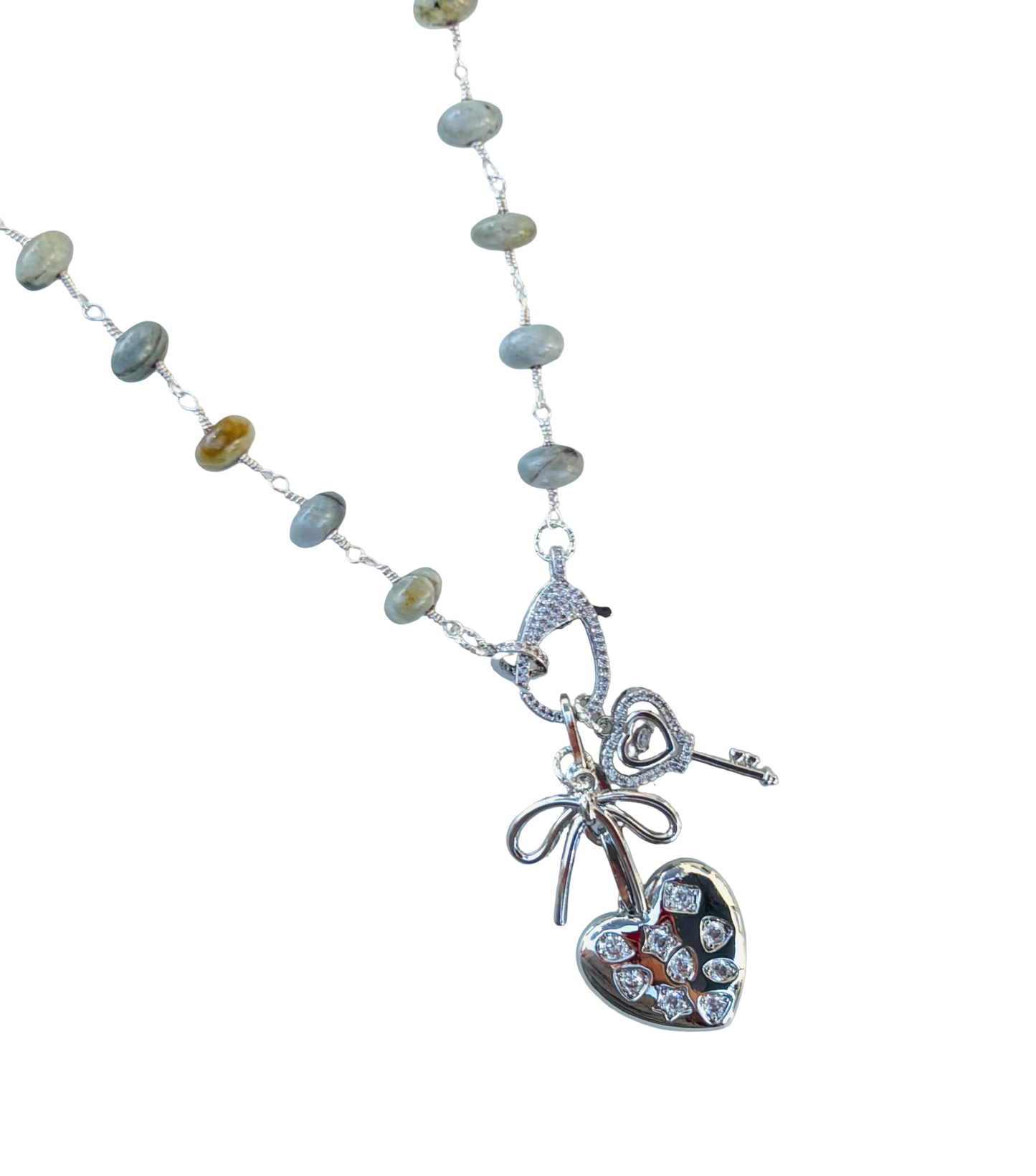 Labradorite Heart Lock & Key Charm Necklace – Silver Beaded Statement Necklace