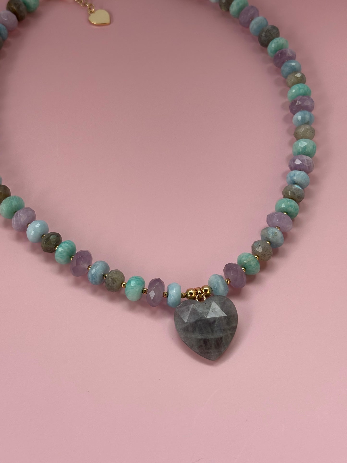 Multi-Gemstone Beaded Necklace with Labrodite Heart Charm