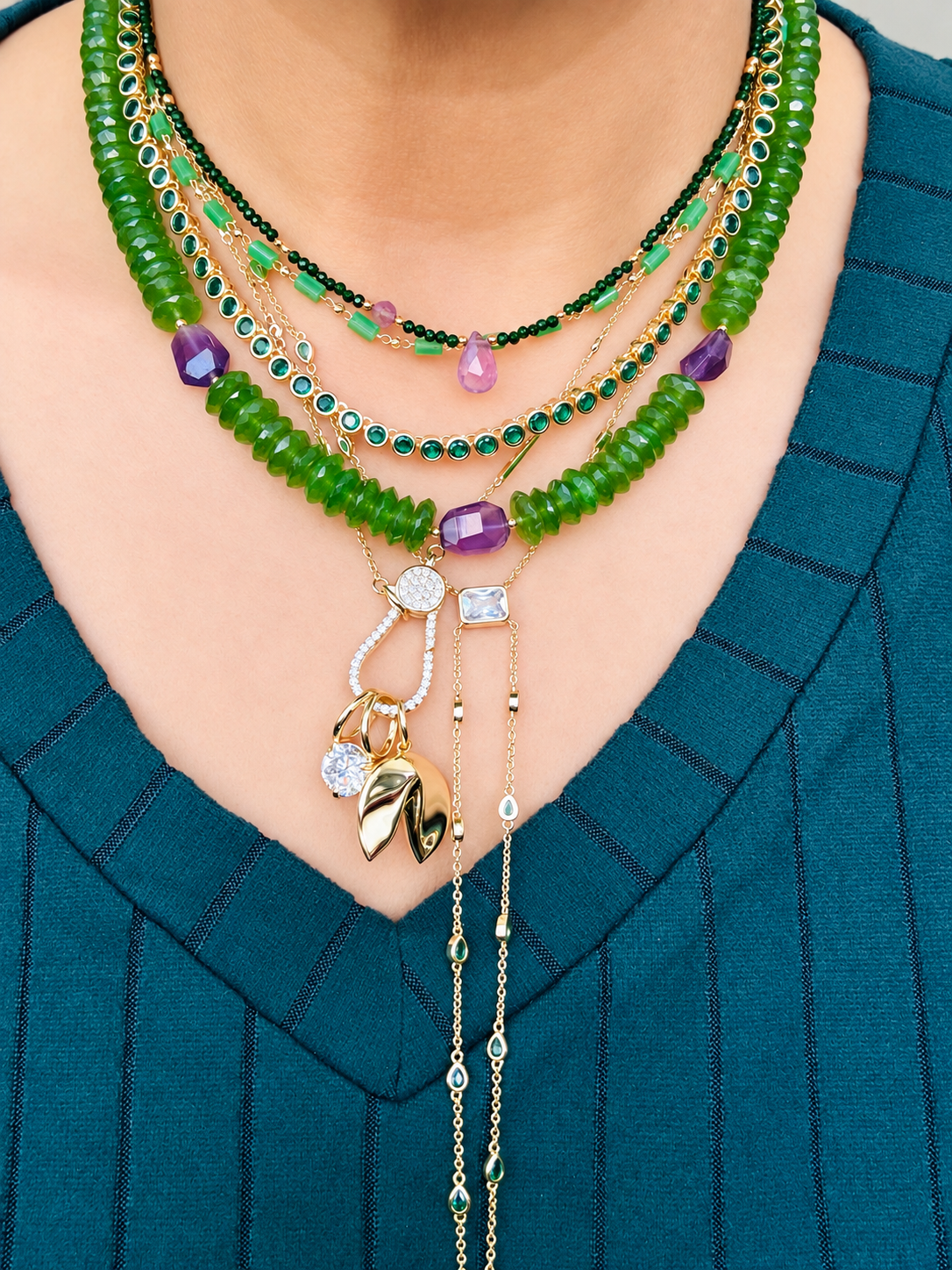 Green Onyx & Amethyst German Cut Necklace