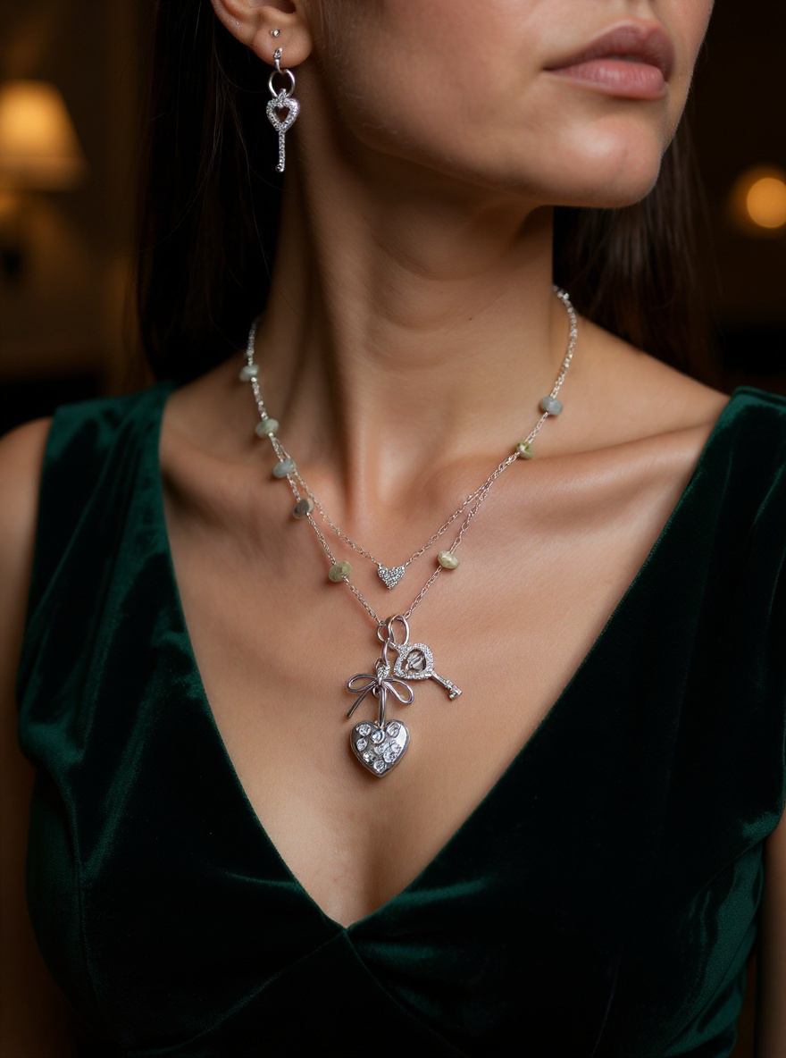 Labradorite Heart Lock & Key Charm Necklace – Silver Beaded Statement Necklace