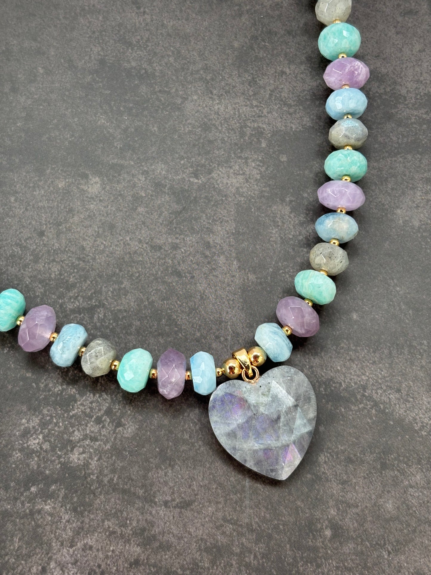 Multi-Gemstone Beaded Necklace with Labrodite Heart Charm