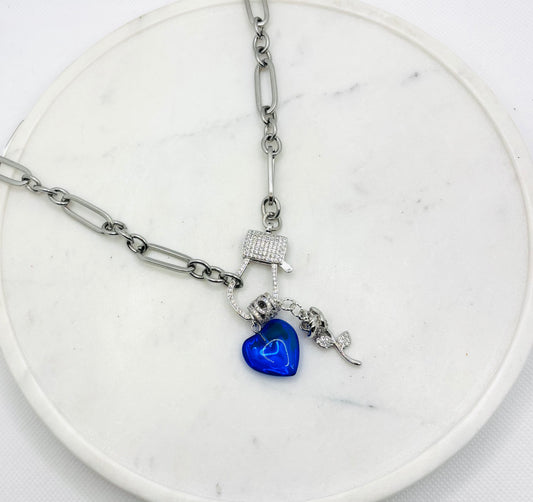 Silver Blue Heart & Rose Charm Necklace – Stainless Steel Chain with Crystal Accents