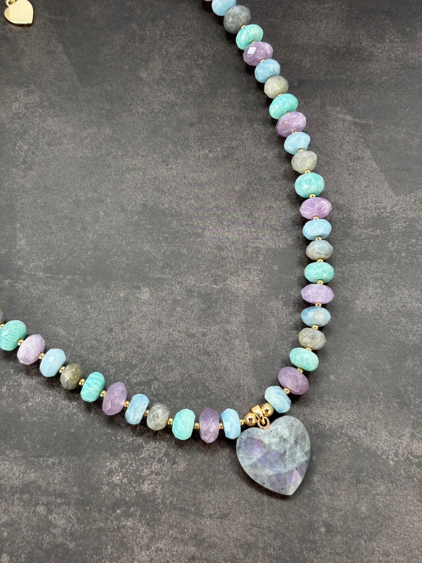 Multi-Gemstone Beaded Necklace with Labrodite Heart Charm