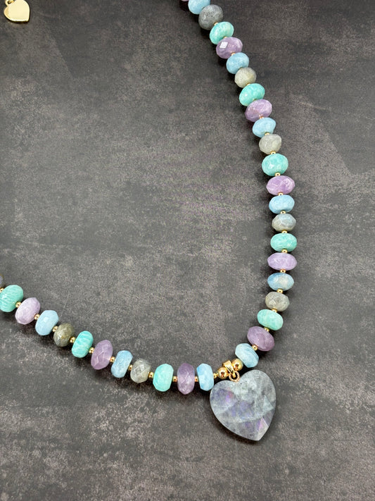 Multi-Gemstone Beaded Necklace with Labrodite Heart Charm