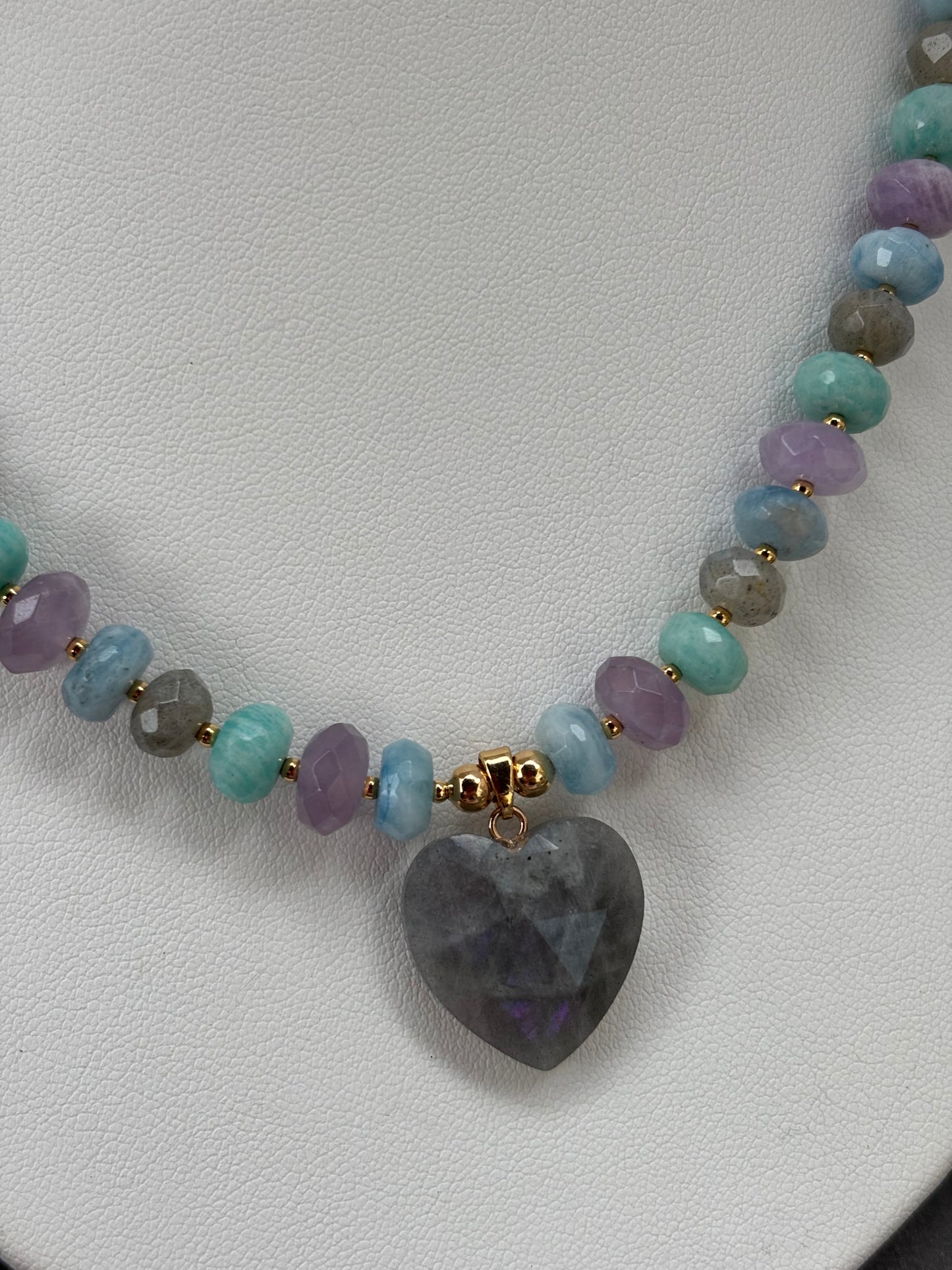 Multi-Gemstone Beaded Necklace with Labrodite Heart Charm