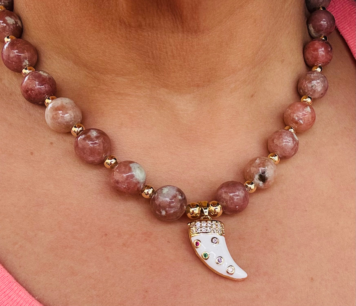 Blush Aura Pink Opale Horn Necklace