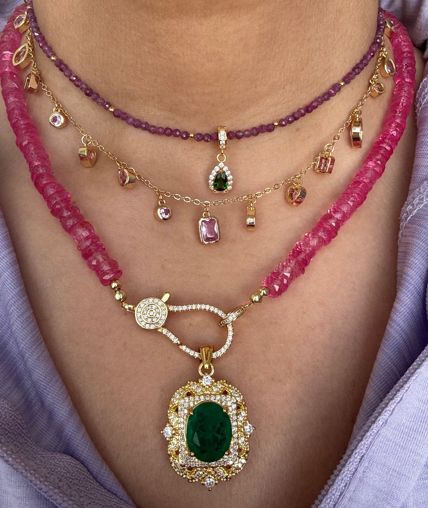 Pink Topaz Heishi Necklace with Gold Plated Centerpiece
