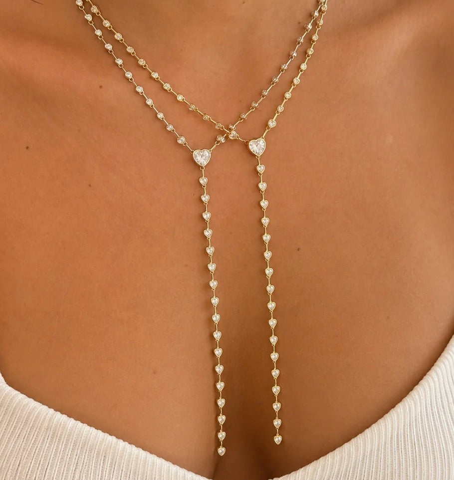 Golden Sparkling Heart Lariat Necklace