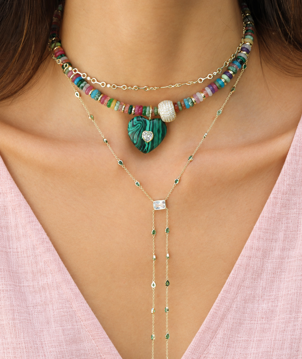 Emerald Glow Double Drop Lariat Necklace