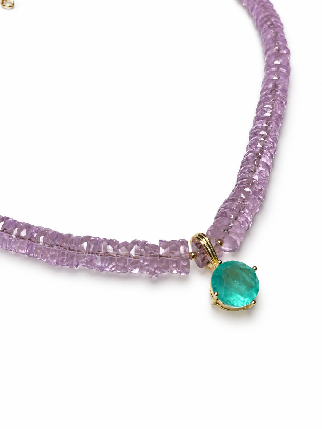 Rose Quartz Heishi Necklace with Green Crystal Pendant