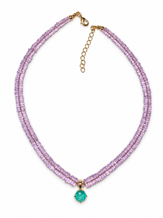 Rose Quartz Heishi Necklace with Green Crystal Pendant