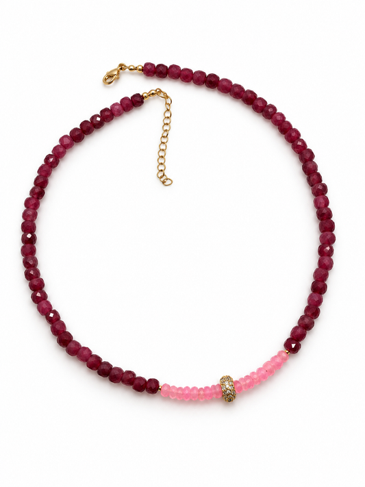 Red Garnet & Pink Opal Necklace with CZ Gold Spacer