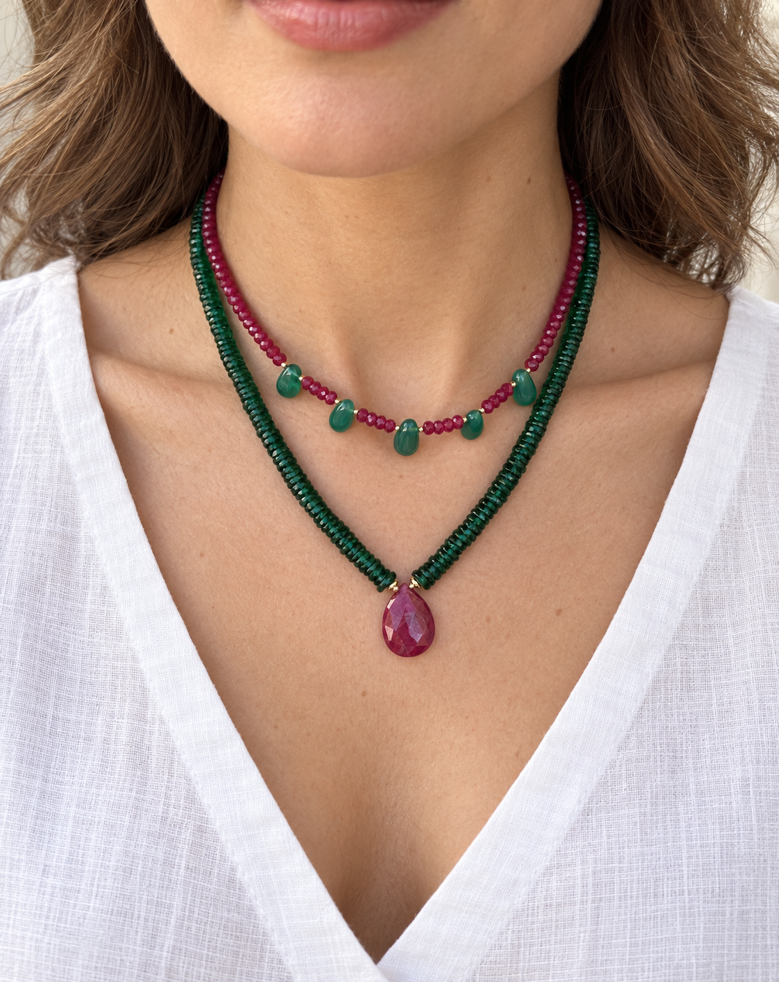 Emerald Glow Ruby Drop Necklace