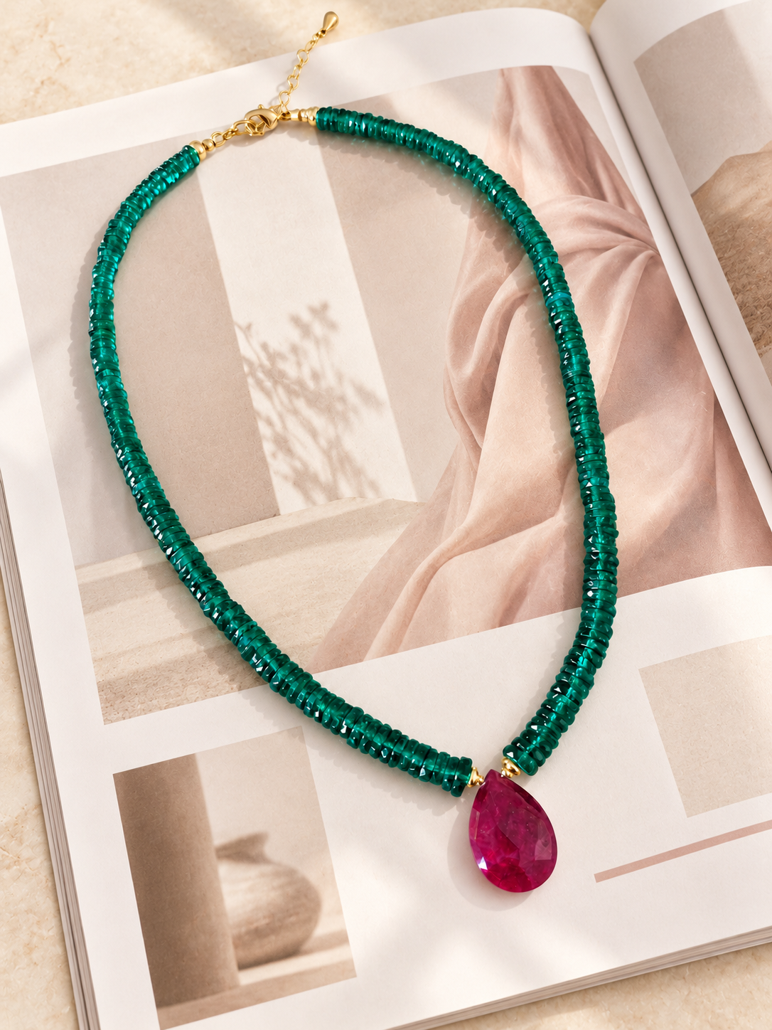 Emerald Glow Ruby Drop Necklace