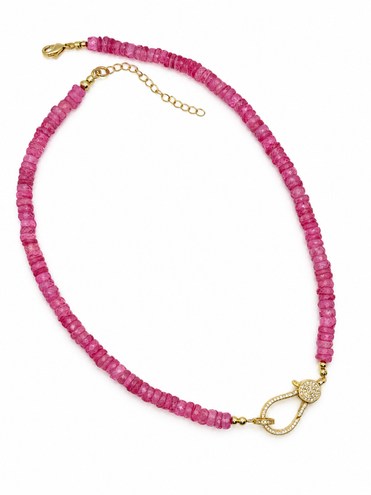 Pink Topaz Heishi Necklace with Gold Plated Centerpiece