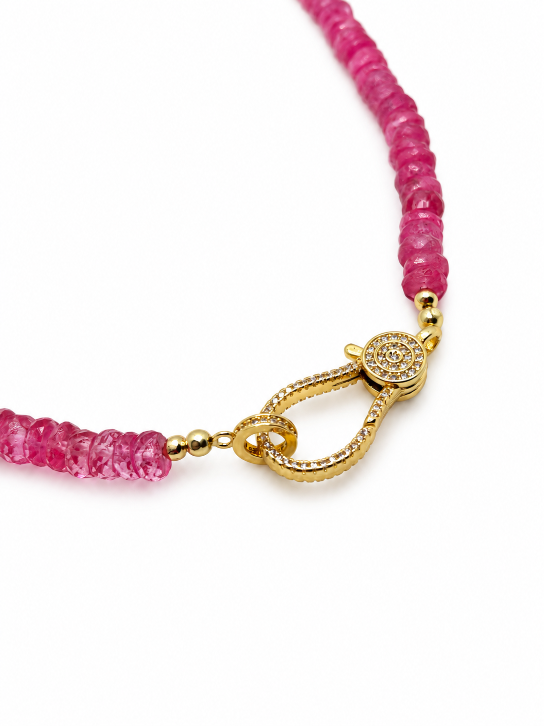 Pink Topaz Heishi Necklace with Gold Plated Centerpiece