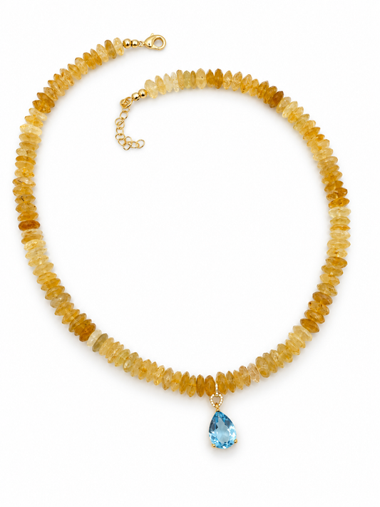 Golden Citrine German Cut Necklace with Genuine Blue Topaz Pendant
