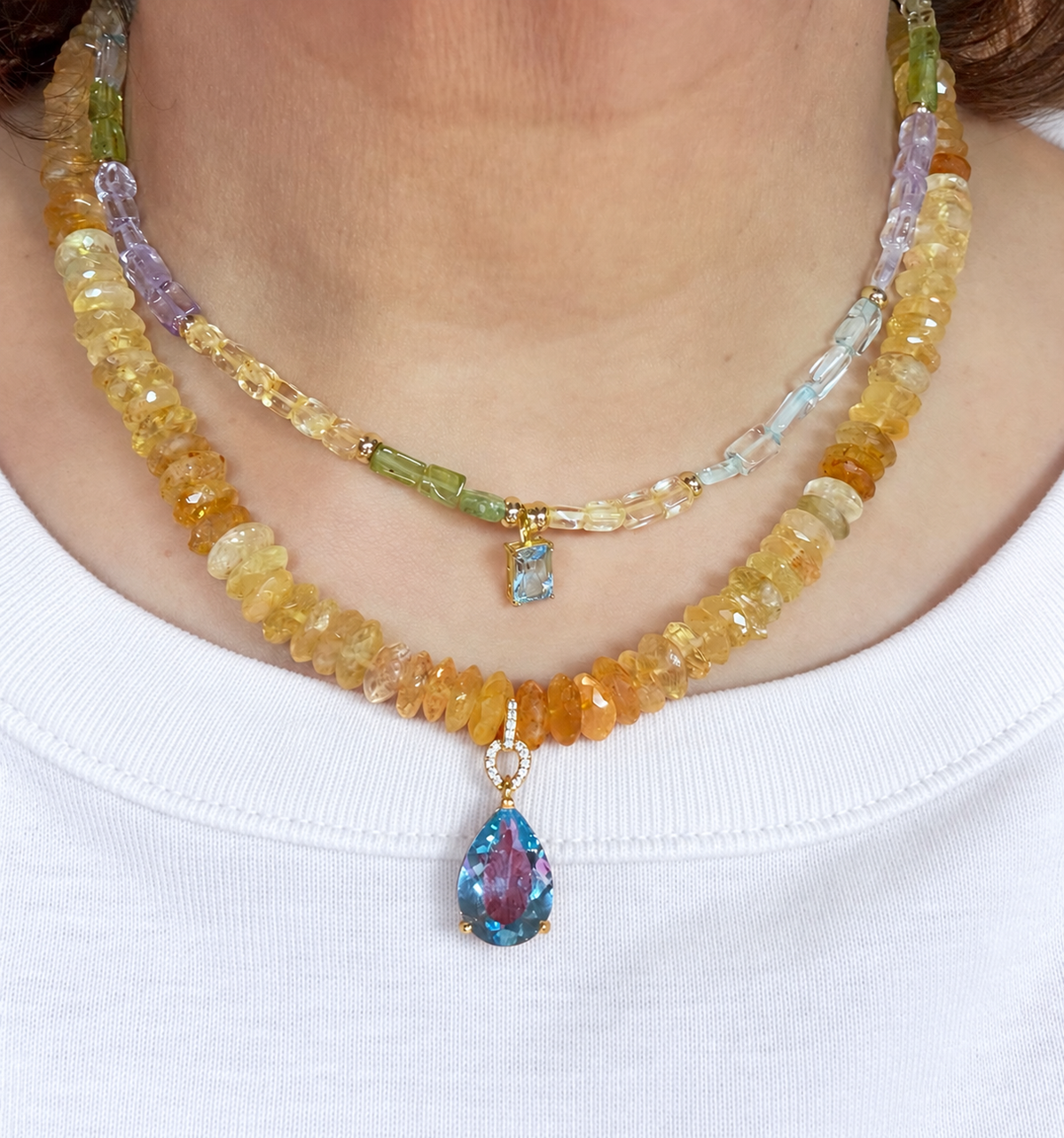 Golden Citrine German Cut Necklace with Genuine Blue Topaz Pendant
