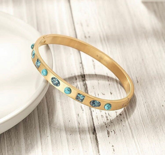 Turquoise & Fuchsia Crystal Gold Bangle