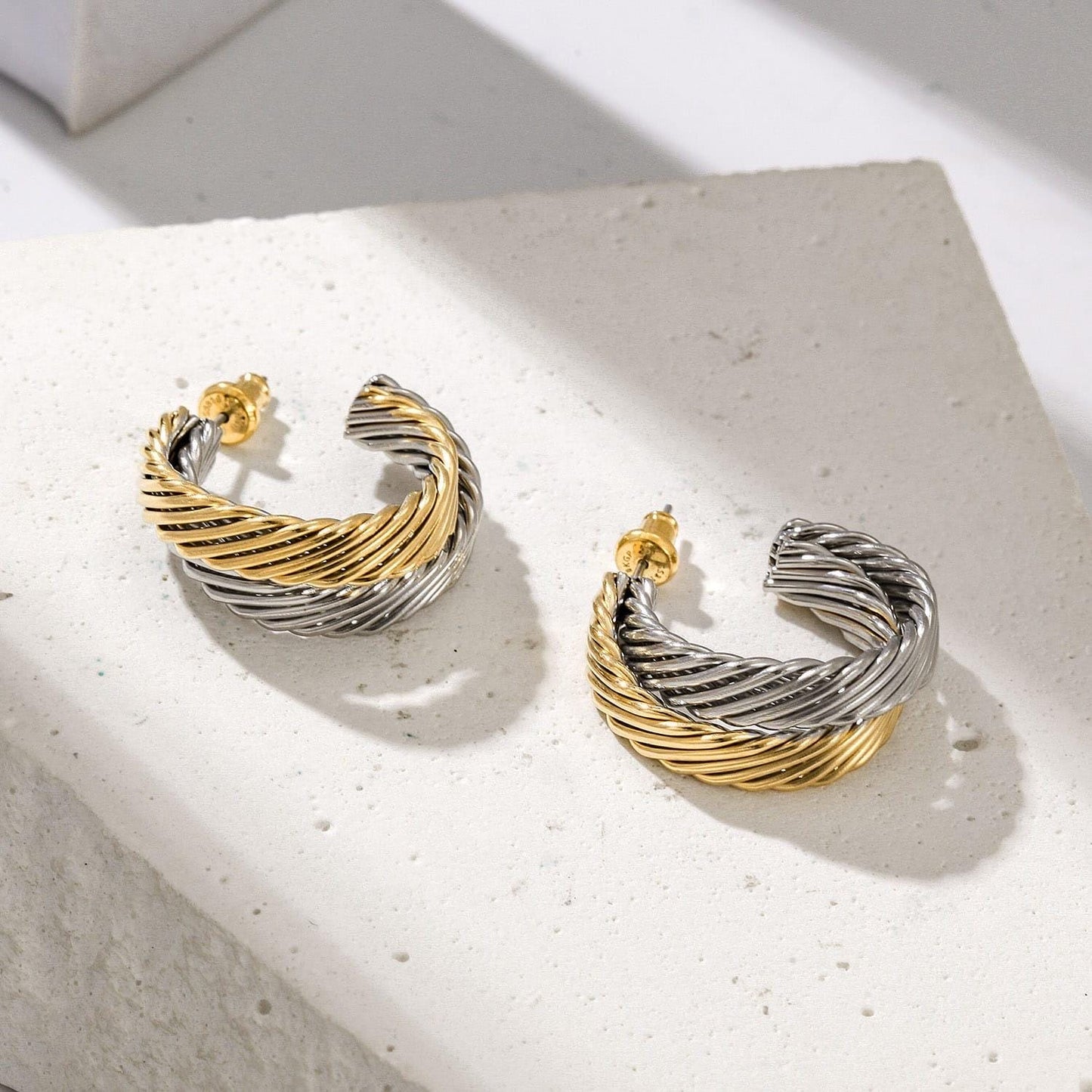 Two-Tone Twisted Cable Hoop Earrings